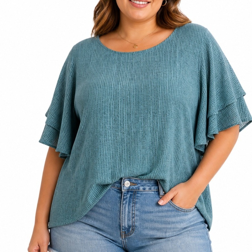 Simply Styled Sears Teal Blue Black Dash Print Ruffle Sleeve V-Back Blouse L